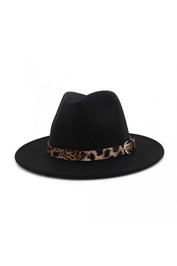 OVOY Chapeaux Panama en Feutre léopard Classique pour Femme - Large Bord Fedora avec Boucle de Ceinture - Medium - L , Noir 