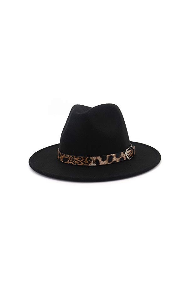 OVOY Chapeaux Panama en Feutre léopard Classique pour Femme - Large Bord Fedora avec Boucle de Ceinture - Medium - L , Noir 