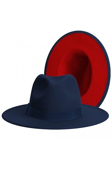 Chapeau fedora classique à large bord pour femme - Bicolore - Avec bande réglable - Couleurs patchwork, Bleu marine/rouge/ble