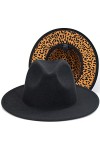 Chapeau fedora classique en feutre à large bord avec boucle de ceinture imprimé léopard pour femme, Noir/léopard - 1 pièce s