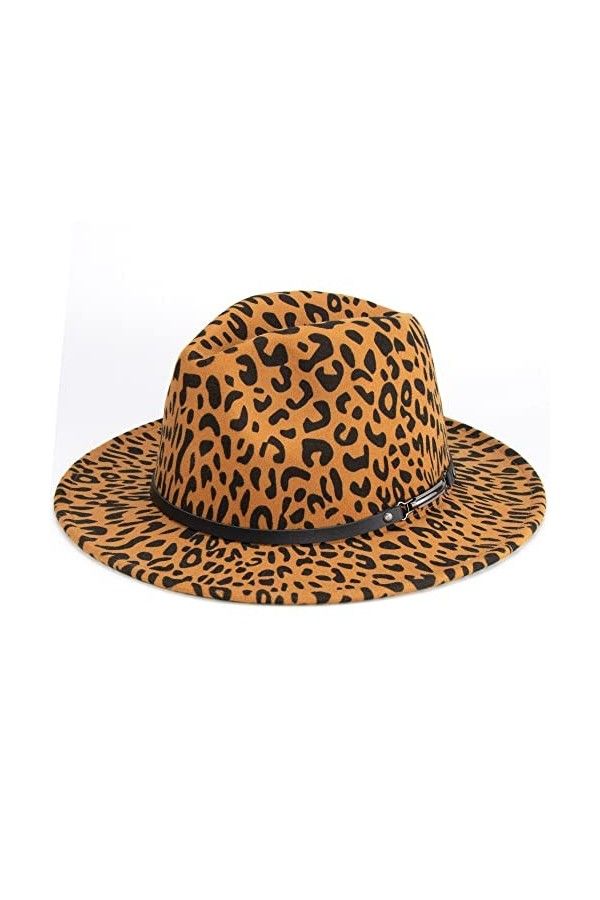 Chapeau fedora classique en feutre à large bord avec boucle de ceinture imprimé léopard pour femme, Noir/léopard - 1 pièce s
