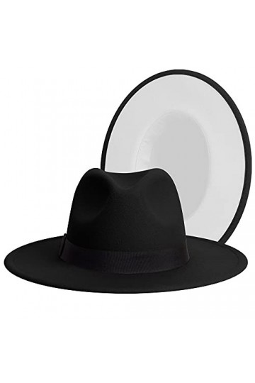 Chapeau Fedora classique à large bord pour femme Bicolore avec bande réglable Patchwork Couleurs Panama - noir - Taille L