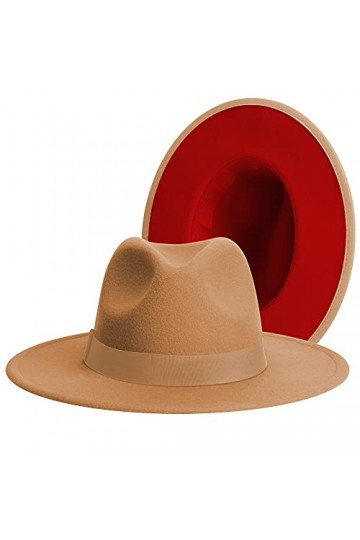 Chapeau Fedora classique à large bord pour femme Bicolore avec bande réglable Patchwork Couleurs Panama - rouge - Taille M