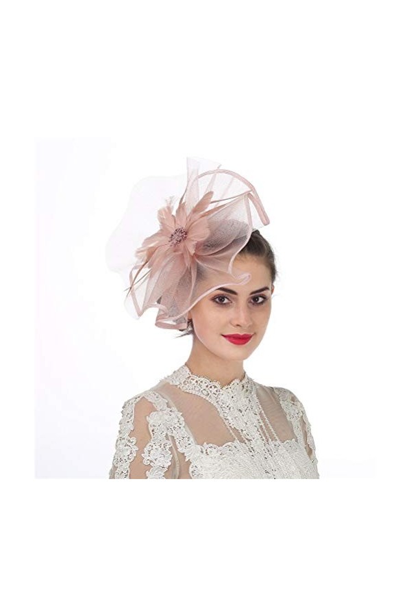 Bibi en plume / maille / voile avec pince et serre-tête pour femme - Motif fleur - Rose - M