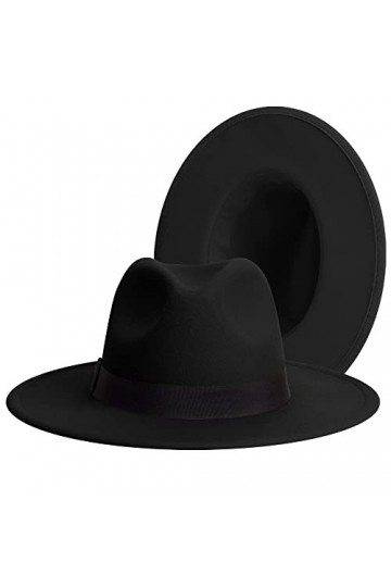 Chapeau fedora classique à large bord pour femme - Bicolore - Avec bande réglable - Couleurs patchwork, Entièrement noir, Tai