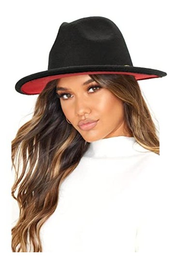 INOGIH Chapeau Fedora à large bord en feutre avec boucle de ceinture pour femme Style rétro dégradé Panama bicolore, Noir/rou