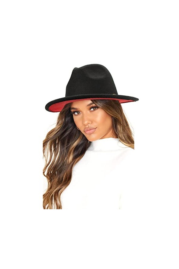 INOGIH Chapeau Fedora à large bord en feutre avec boucle de ceinture pour femme Style rétro dégradé Panama bicolore, Noir/rou