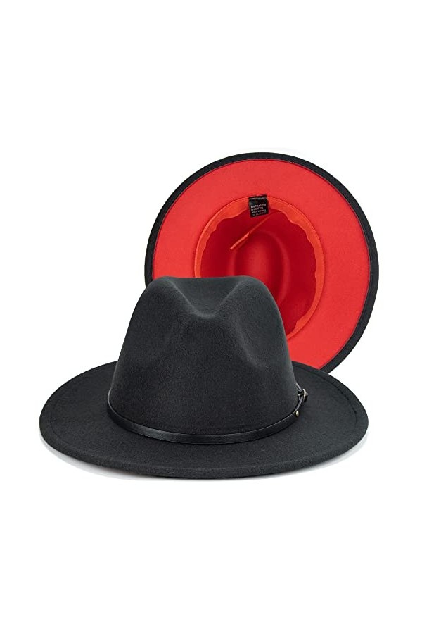 INOGIH Chapeau Fedora à large bord en feutre avec boucle de ceinture pour femme Style rétro dégradé Panama bicolore, Noir/rou