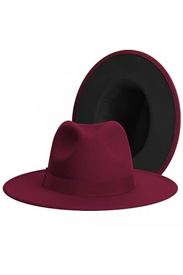 Chapeau Fedora classique à large bord pour femme Bicolore avec bande réglable Patchwork Couleurs Panama - rouge - Taille L