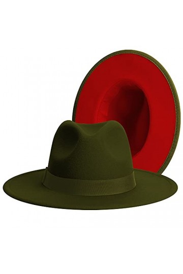 Chapeau Fedora classique à large bord pour femme Bicolore avec bande réglable Patchwork Couleurs Panama - vert - Taille L
