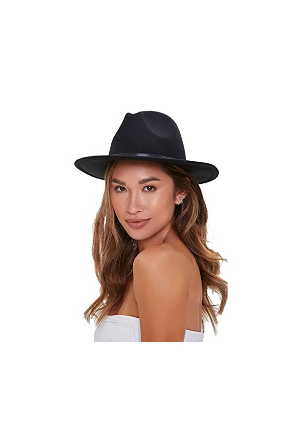 Chapeau Fedora vintage à large bord avec boucle de ceinture pour femme, Noir 1 pièce., Taille M