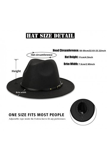Chapeau Fedora vintage à large bord avec boucle de ceinture pour femme, Noir 1 pièce., Taille M