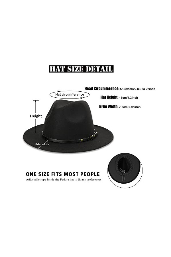 Chapeau Fedora vintage à large bord avec boucle de ceinture pour femme, Noir 1 pièce., Taille M