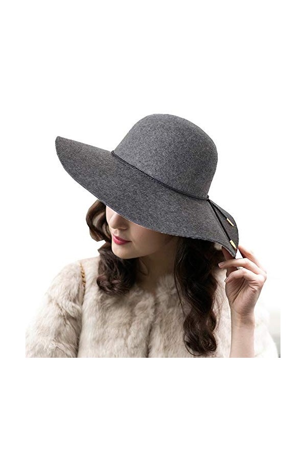 ASSQI Chapeau melon Fedora pliable en feutre pour femme 100 % laine à large bord rétro, Y-gray, Taille unique