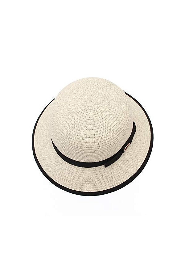 EOZY Chapeau de paille Fedora Trilby en papier tressé à large bord pour femme UPF 50 - Beige - Taille Unique