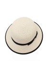 EOZY Chapeau de paille Fedora Trilby en papier tressé à large bord pour femme UPF 50 - Beige - Taille Unique
