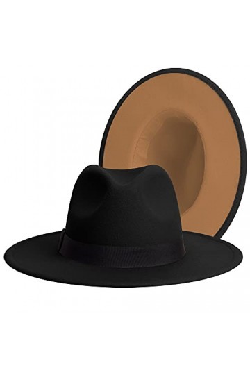 Chapeau Fedora classique à large bord pour femme Bicolore avec bande réglable Patchwork Couleurs Panama - noir - Taille M