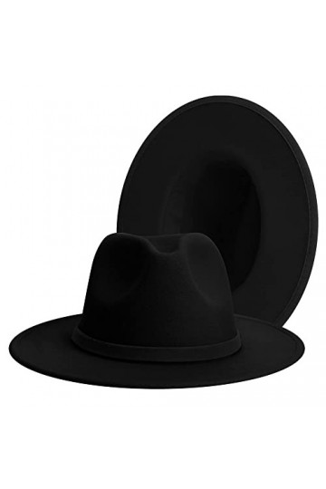 Chapeau Fedora classique à large bord pour femme Bicolore avec bande réglable Patchwork Couleurs Panama, noir, Taille L