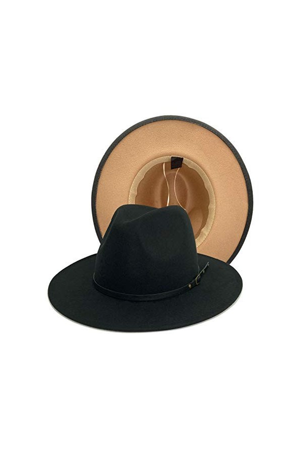 Gossifan Fedora Chapeaux pour femme à large bord en feutre bicolore avec boucle de ceinture, Noir/camel, 7 1/8/7 1/4