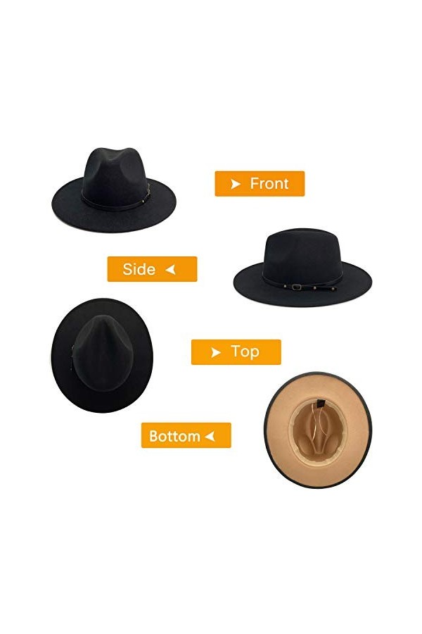 Gossifan Fedora Chapeaux pour femme à large bord en feutre bicolore avec boucle de ceinture, Noir/camel, 7 1/8/7 1/4