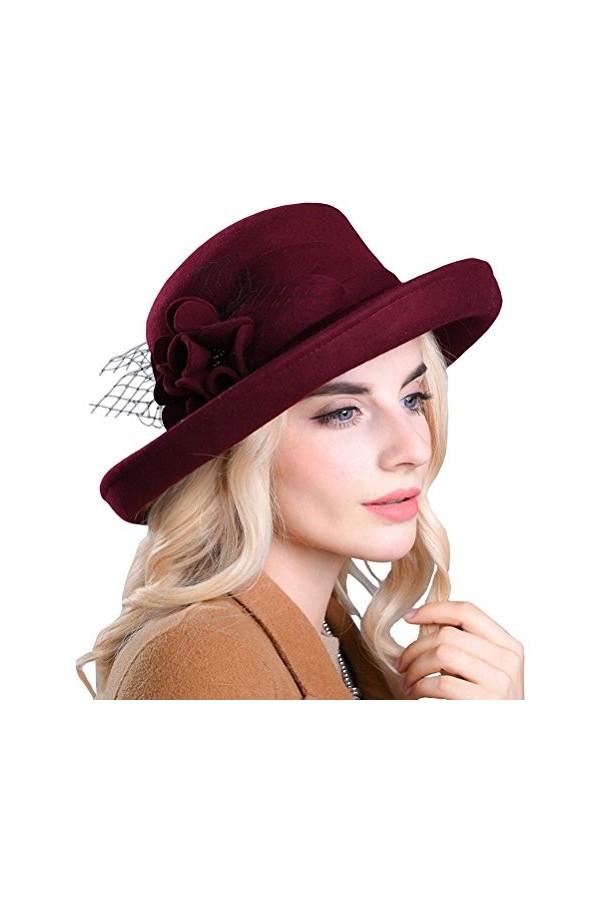 Maitose® Large Laine Brim des Femmes Felt Bowler Hat Red Wine