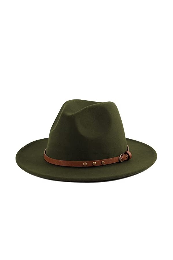 Koreshion Chapeau Fedora classique à large bord avec boucle de ceinture en laine Panama, vert militaire, Taille unique