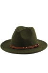 Koreshion Chapeau Fedora classique à large bord avec boucle de ceinture en laine Panama, vert militaire, Taille unique