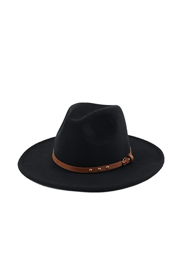 Koreshion Chapeau Fedora classique à large bord avec boucle de ceinture en laine Panama, vert militaire, Taille unique