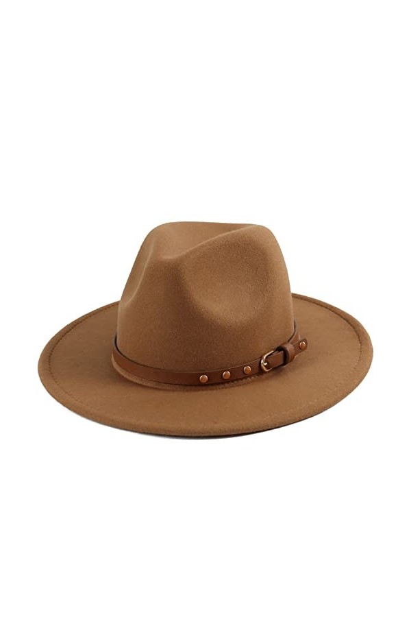 Koreshion Chapeau Fedora classique à large bord avec boucle de ceinture en laine Panama, vert militaire, Taille unique