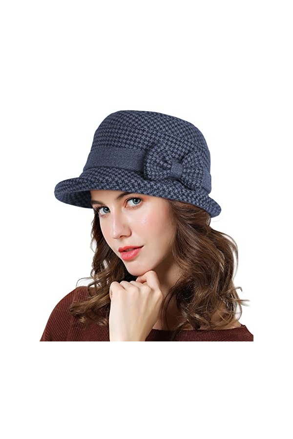 Adigaber Femme Chapeau Melon avec Bord Enroulable Hiver Rétro Chapeau Cloche avec Nœud Réglable