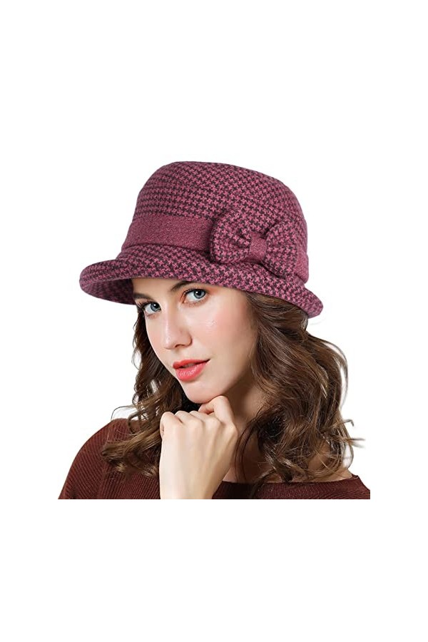 Adigaber Femme Chapeau Melon avec Bord Enroulable Hiver Rétro Chapeau Cloche avec Nœud Réglable