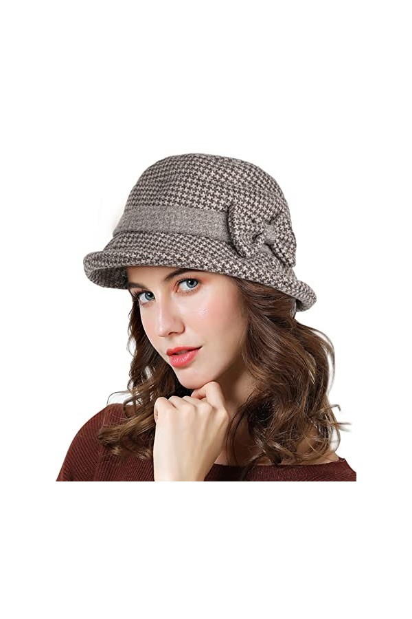 Adigaber Femme Chapeau Melon avec Bord Enroulable Hiver Rétro Chapeau Cloche avec Nœud Réglable