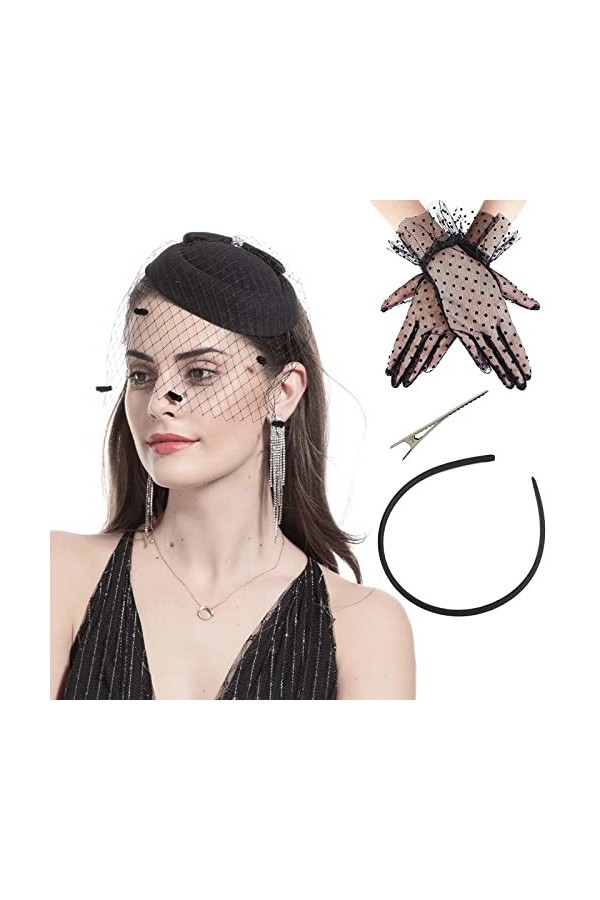 Chapeau Bibi pour Femme, Chapeau Fascinateur Vintage, Serre-tête Kentucky Derby, Chapeau Melon Fascinator, Gants Courts en De