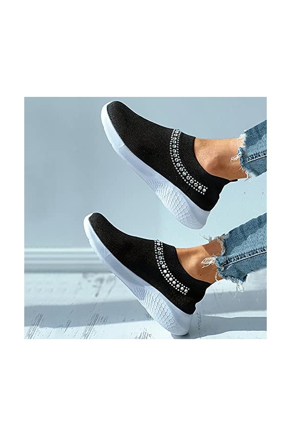 Chaussures Maillage de Mode Femmes Baskets Respirantes Dames Solid Color Causal Confortable Crystal Slip on Loafers Shoes Cha