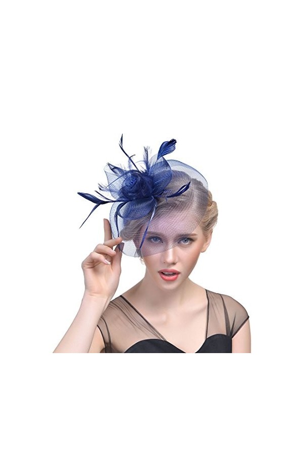 JZK Bleu Marine cru Chapeau de Voile de fascinateur de Plumes en Maille de Fleur avec Agrafe & Headband Casquette Chapeau Asc
