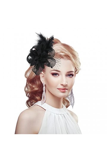 Fascinators Chapeau Noir Floral Plume Maille Chapeaux Dames Vintage Cheveux Accessoires Convient pour Tea Party Chapelle De M