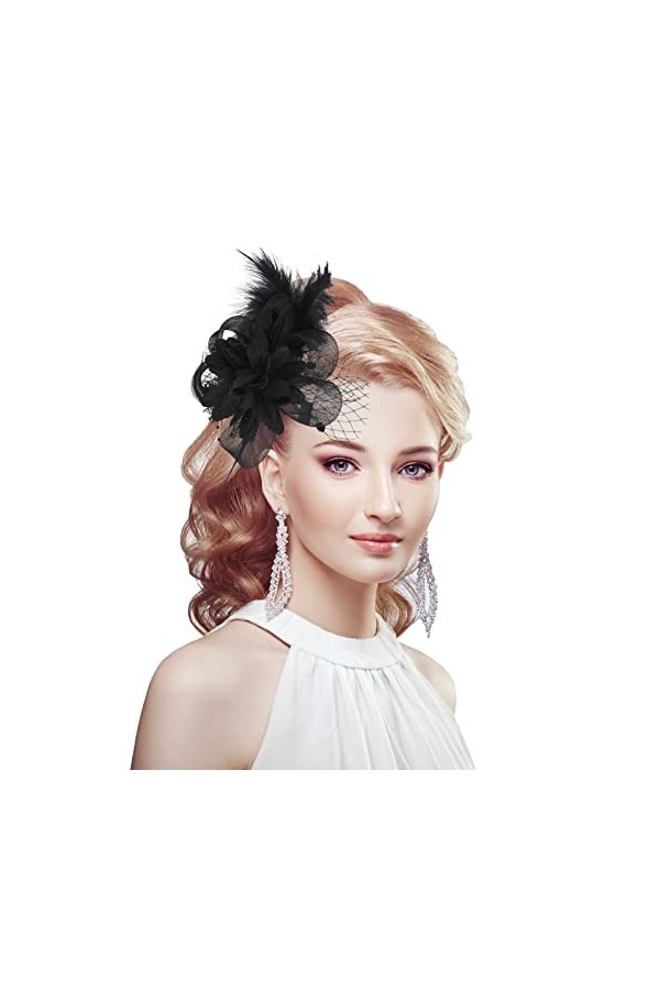 Fascinators Chapeau Noir Floral Plume Maille Chapeaux Dames Vintage Cheveux Accessoires Convient pour Tea Party Chapelle De M