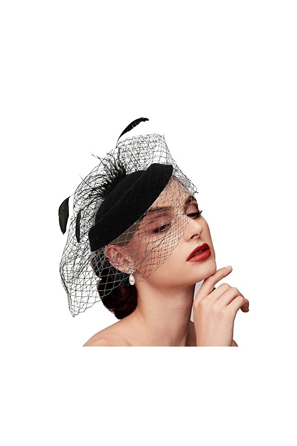 BUENTYA Chapeau Vintage Femme Elégant Chapeau Plume Mariage Dames Day Chapeau de Vintage Rétro Chapeau Cerceau Cheveux avec V