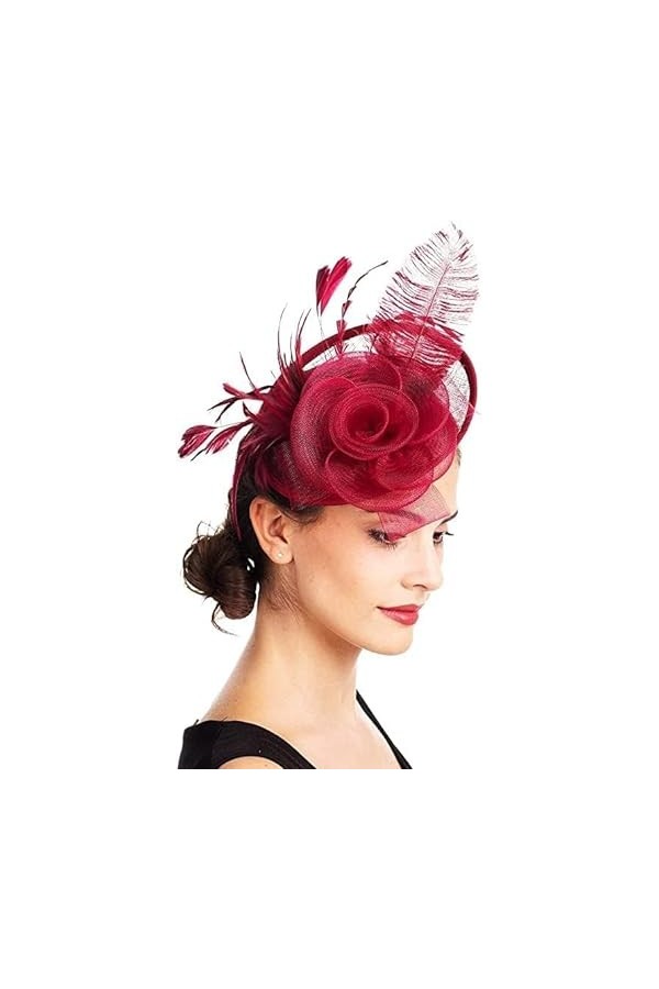 Femmes Fascinator Chapeau Fleurs Maille Bouclé Voile Plume Chapeaux Chapeau avec Clip De Mariée Coiffure De Mariage Accessoir