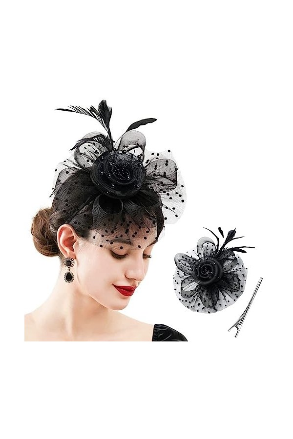 SJBAUTYO Femmes Derby Fascinator Chapeau,Fascinator Chapeau Plume Mariage,Fleur Mesh Plume Mariage Dames Day Bandeau et Clip 