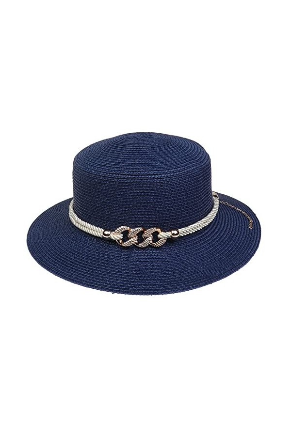VPbao Panama Elégant Femme Chapeau Melon en Paille Anti Soleil avec Boucle Mariage Cérémonie Soirée Marine Bleu