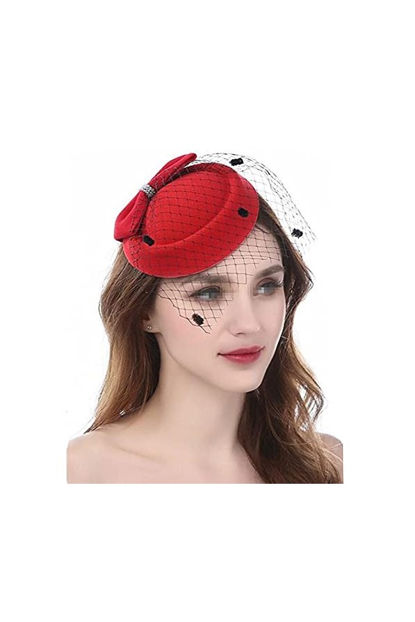 QUUPY Chapeau bibi vintage pour femme avec nœud papillon et clip latéral Rouge, QUK11342B-RED Taille unique