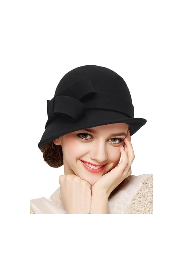 Chapeau cloche vintage en feutre pour femme style années 1920 avec nœud, Noir , M
