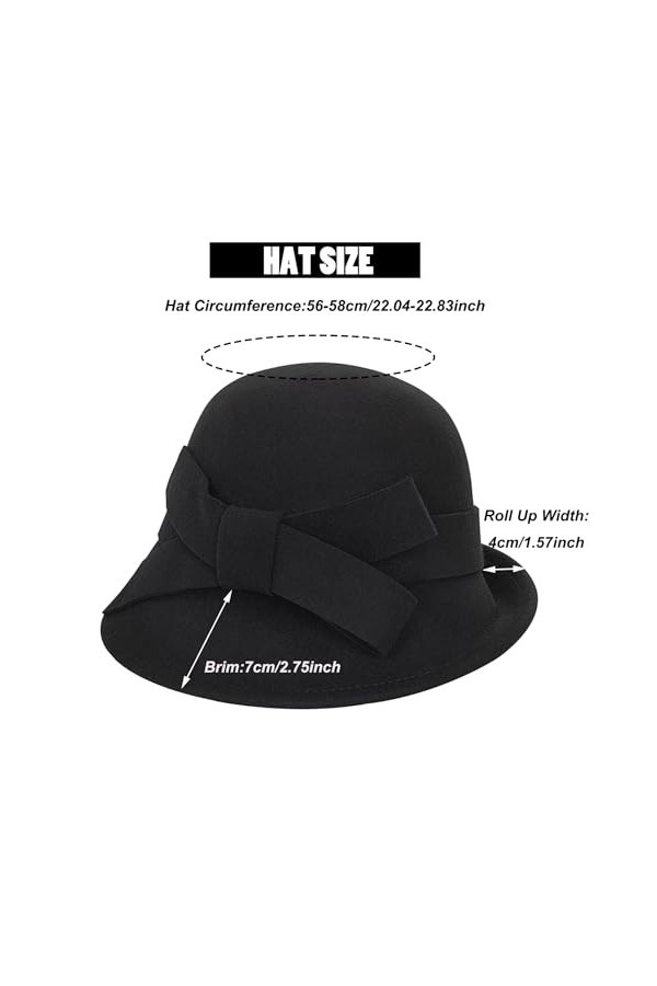 Chapeau cloche vintage en feutre pour femme style années 1920 avec nœud, Noir , M