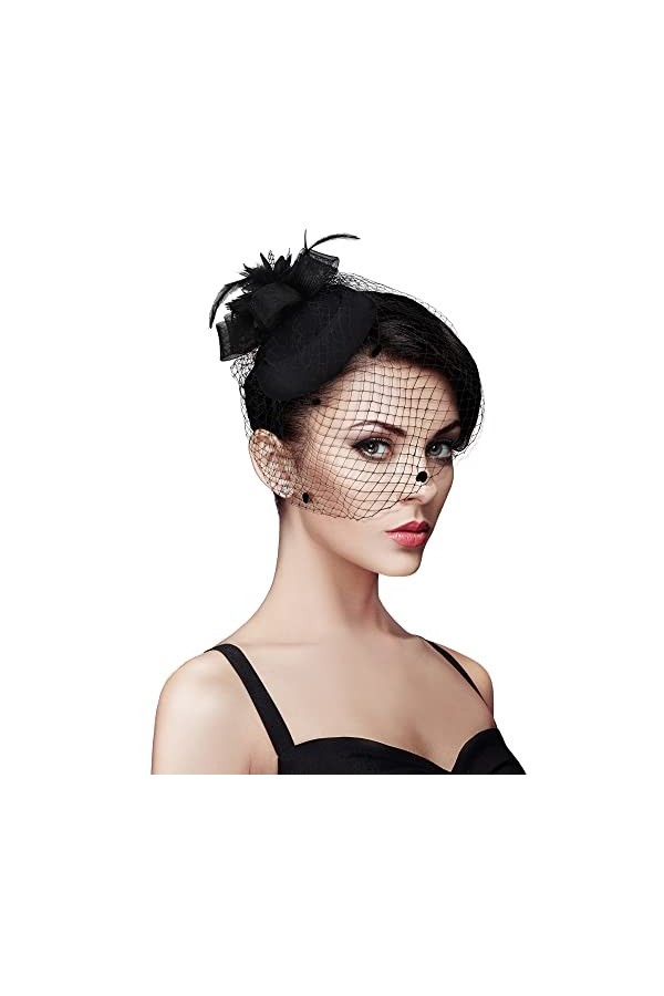 Chuangdi Chapeau Fascinant pour Femme Chapeau Bibi Bandeau avec Voile en Maille Chapeau Fascinateur en Plumes Chapeau de Cock