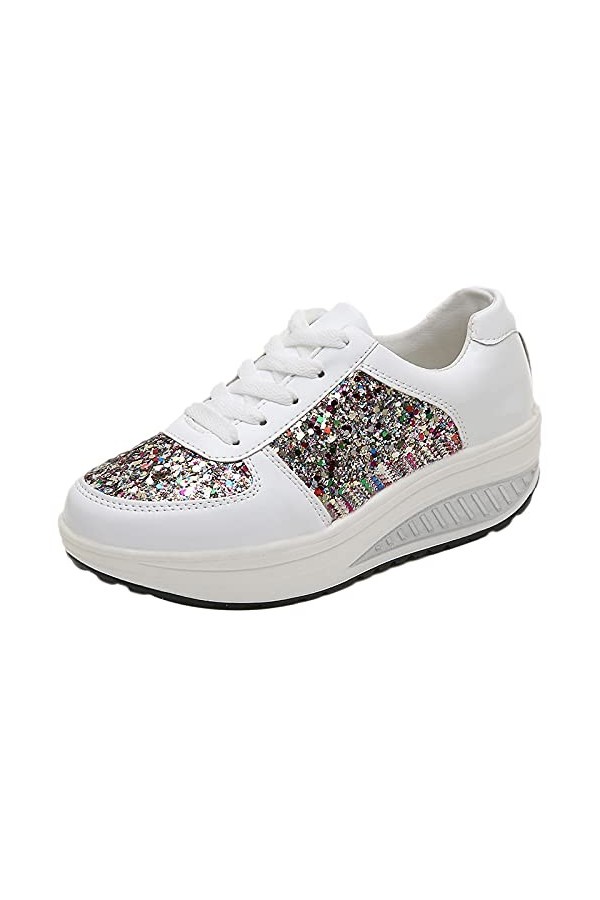 ANUFER Femmes Super Poids Léger Plate-Forme Baskets Lacer Compensé Chaussures de Sport Blanc SN070680 EU38