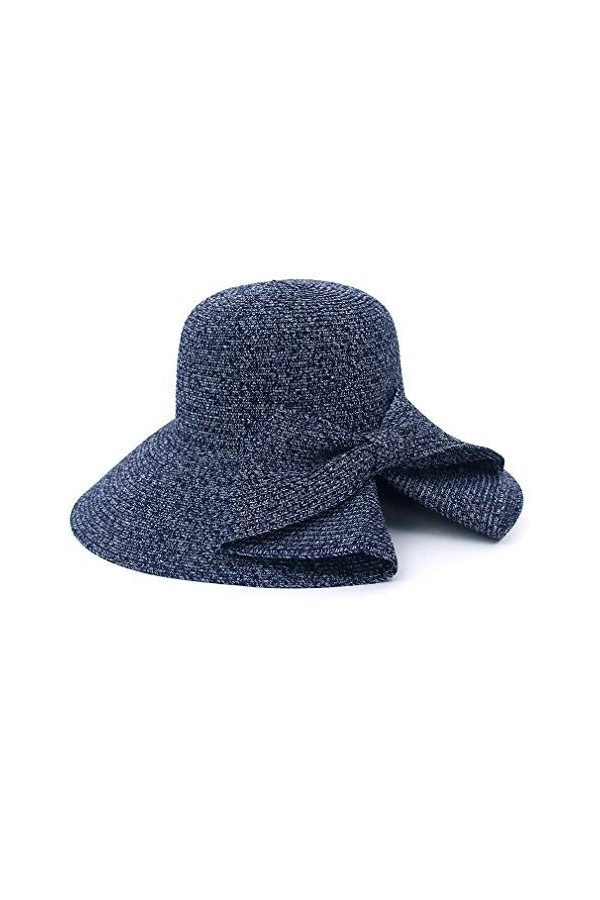 EOZY Chapeau Melon Paille Femme Vintage Fedora Triby Nœud Papillon Plage Voyage Été 57cm Marine 