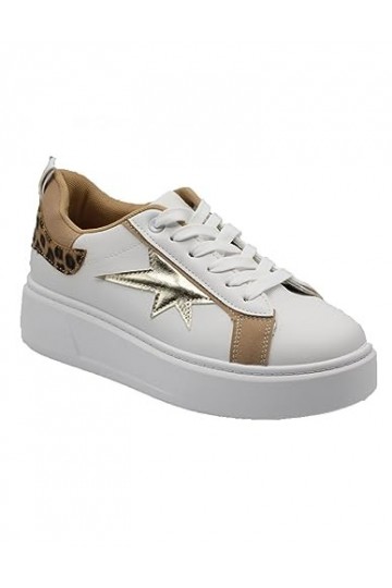 Primtex Baskets Blanches Mode Femme Plateforme Motif léopard & étoile dorée