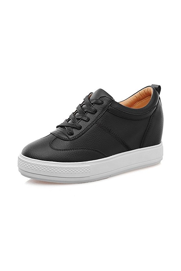 Jamron Femmes Doux Synthétique Cuir Caché Talon Compensé Baskets Confortable Lacer Casual Sneakers Noir SN2520 EU37.5