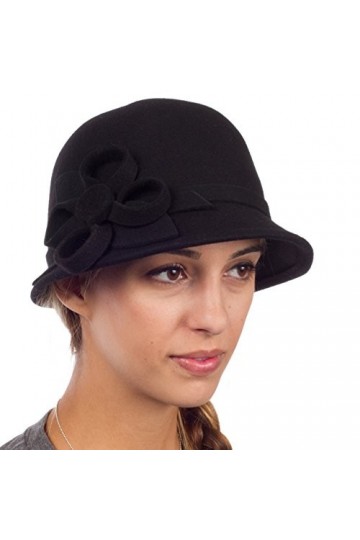 Sakkas EH0121LC - Chapeau Hiver Cloche 100% Laine Femmes Style Rétro avec Accent Ruban Fleurs 6 Couleurs - Noir/Taille Uniq